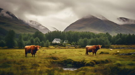 Rustic Charm, Highland Cattle Grazing in Scottish Highlands. Generated AI