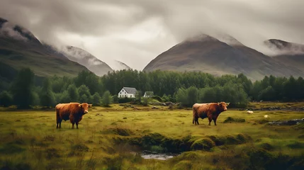 Crédence de cuisine en verre imprimé Highlander écossais Rustic Charm, Highland Cattle Grazing in Scottish Highlands. Generated AI