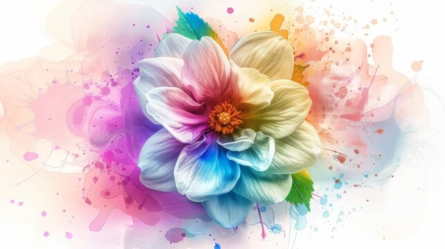  A flower with multi-colored petals against a white backdrop, featuring a splash of paint at its base
