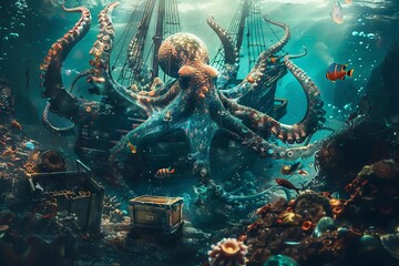 Surreal underwater scene with a giant octopus, sunken ship, and treasure chest, fantasy digital art illustration - obrazy, fototapety, plakaty