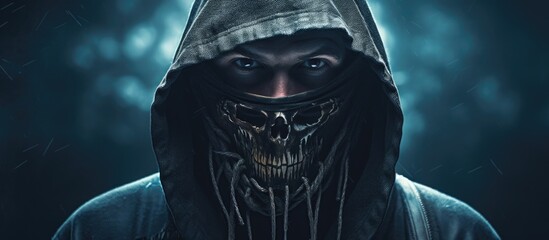A man wearing a hooded jacket with a skull mask covering his face stares directly at the viewer with an intense gaze. The skull design adds a dramatic and eerie element to his appearance.