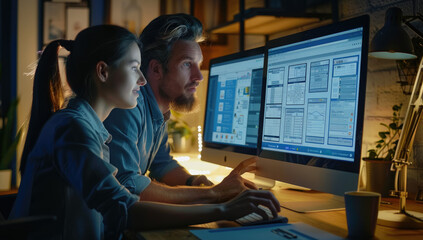 A man and woman working together on two computer screens, displaying wireframe design elements of an ecommerce website in the office at night