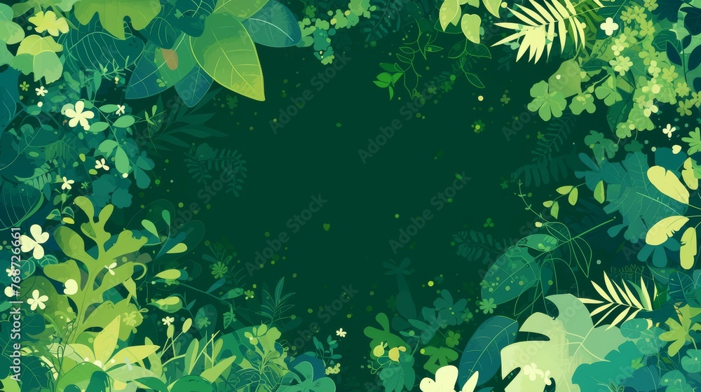 Poster a green background with leaves and flowers in the center is not empty space but rather a vibrant and