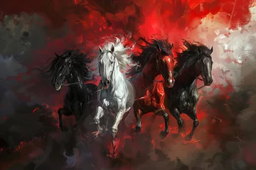 Fotobehang The Four Horsemen of the Apocalypse, White, Red, Black, and Pale Horses, Biblical Revelation, Digital Painting © furyon