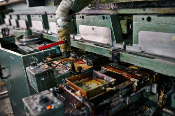 Closeup, printing and production with machine in factory for distribution, equipment and maintenance for safety. Warehouse, printer and press for newspaper, magazine and industrial manufacturing