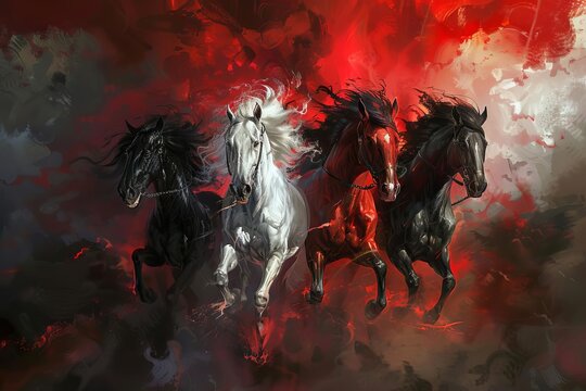 The Four Horsemen of the Apocalypse, White, Red, Black, and Pale Horses, Biblical Revelation, Digital Painting