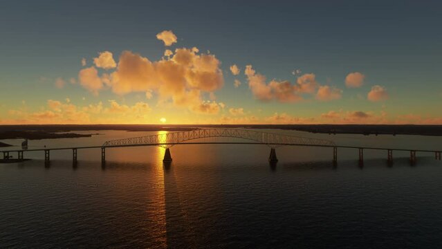 Sunset drone aerial view of Francis Scott Key Bridge - Baltimore and Dundalk in Maryland. United States