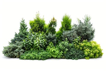 Variety of Trimmed Evergreen Shrubs and Hedges Isolated on White, Garden Design Elements - obrazy, fototapety, plakaty