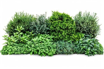 Variety of Trimmed Evergreen Shrubs and Hedges Isolated on White, Garden Design Elements - obrazy, fototapety, plakaty