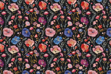 Naklejka premium Romantic Floral Embroidery. Seamless Pattern. Fabric Printing. Scrapbooking. Arts and Crafts. Background image. Created with Generative AI technology.