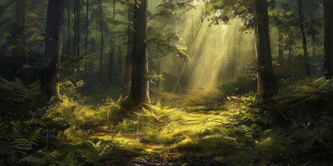 Obraz premium A magical forest scene where sunbeams break through the foliage to illuminate the forest floor and ferns