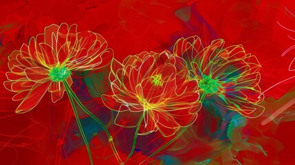  A painting of three red flowers against a red background, with a green center and a green focal point in the center