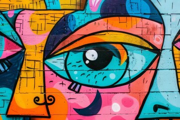 Vibrant street art mural with graffiti lettering, stylized characters, and abstract patterns, urban culture photography