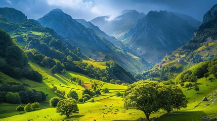 Majestic view of beautiful lush green valley with trees and colorful grass against picturesque high mountains in asturias in spain - obrazy, fototapety, plakaty