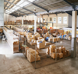 Boxes, packaging and factory warehouse for distribution cargo for supply chain import, ecommerce or...
