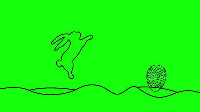 2D animated doodle line animation for Easter, bunny trying to catch a decorated egg in the loop, line art animation in 4K hand drawn black outline green screen chroma key animation.