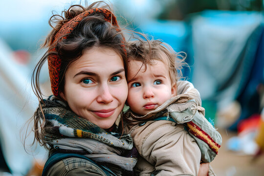 Jeune femme dans un camp de réfugiés portant dans ses bras un petit enfant