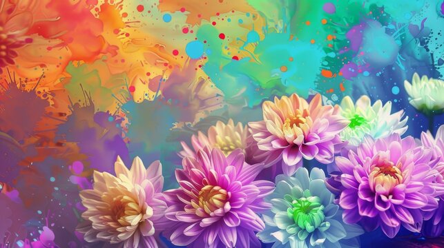  A close-up photo of multiple flowers against a vibrant backdrop, adorned with abstract paint spots