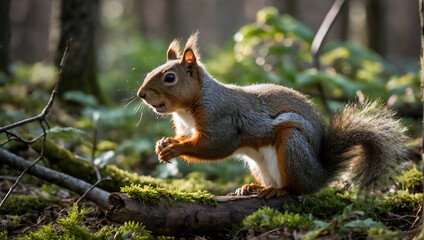 Naklejka na ściany i meble Squirrel on a Mossy Log in Lush Woods