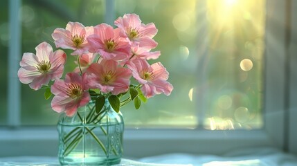  A vase filled with pink flowers sits atop a white window sill, beside it