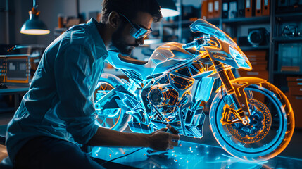 An engineer designing a motorcycle using augmented, Motorcycle Design Engineer Using Augmented Reality in High-Tech Lab. motorbike as a projection or hologram in high-tech laboratory. Generative Ai  - obrazy, fototapety, plakaty