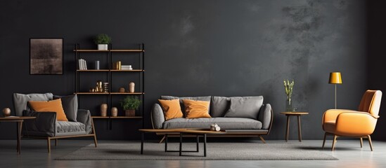 This modern living room is filled with various furniture pieces and decor. The dark wall acts as a backdrop for a sofa, coffee table, lamps, plants, and other furnishings. - obrazy, fototapety, plakaty