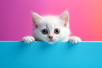 a white kitten with its paws on a blue sign