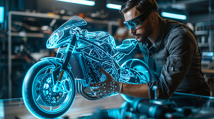 An engineer designing a motorcycle using augmented, Motorcycle Design Engineer Using Augmented Reality in High-Tech Lab. motorbike as a projection or hologram in high-tech laboratory. Generative Ai  - obrazy, fototapety, plakaty