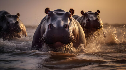 River Kings, Hippopotamus Frolicking in African Rivers. Generated AI - obrazy, fototapety, plakaty