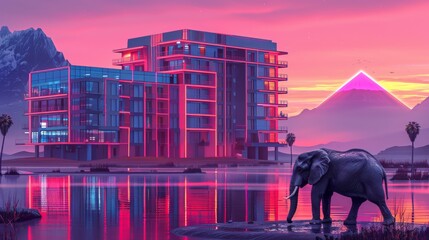  An elephant stands in a body of water in front of a pyramid-topped building - obrazy, fototapety, plakaty