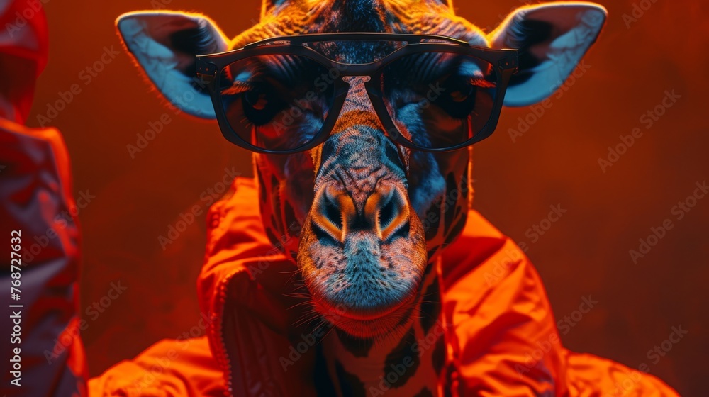 Poster a close-up image of a giraffe wearing a red jacket and glasses, against a red background illuminated