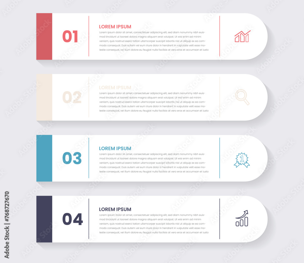 Poster four numbered rectangular frames placed in vertical row. concept of 4 stages of marketing strategy. 