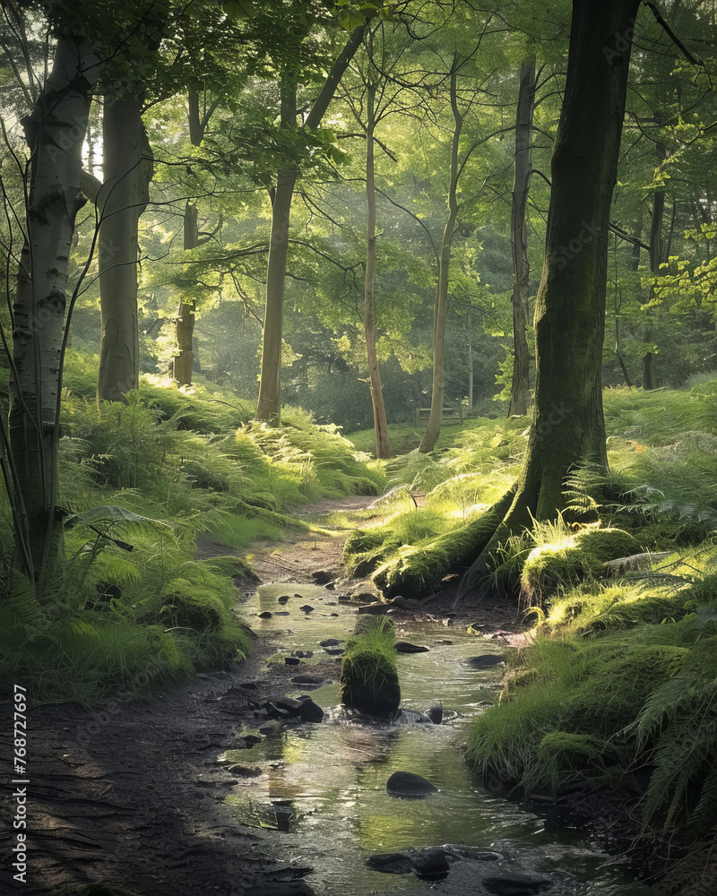 Aufkleber a serene stream winds through a lush forest, highlighted by rays of sunlight filtering through the t