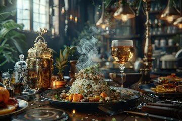 Steampunk Inventors Infuse Fried Rice and Caruru in Whimsical Culinary Creation - obrazy, fototapety, plakaty