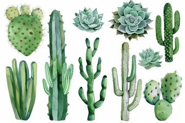 Watercolor cactus and succulent plants arrangement, hand-painted desert flora - Isolated illustration elements - obrazy, fototapety, plakaty