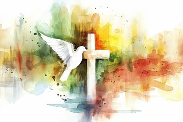 Watercolor illustration of a Christian cross with dove of peace symbol