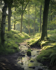 A serene stream winds through a lush forest, highlighted by rays of sunlight filtering through the trees