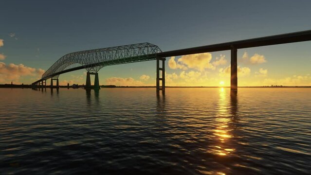 Aerial sunset sea level drone view of Francis Scott Key Bridge - Baltimore and Dundalk in Maryland. United States