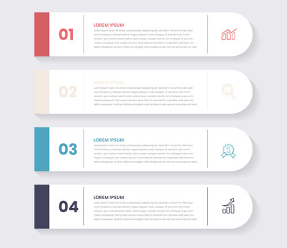 Four numbered rectangular frames placed in vertical row. Concept of 4 stages of marketing strategy. Modern flat infographic design template. Simple vector illustration for business presentation.