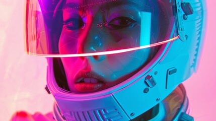  An image of a woman wearing a white space suit and holding a flashlight The background is blue