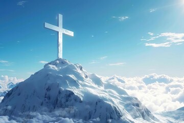 White cross silhouetted against blue sky on snowy mountain peak, spiritual symbol of faith and hope, digital illustration