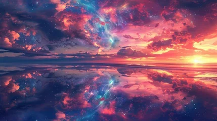 Foto op Canvas Galactic Reflections on the Salt Flats: A surreal blend of celestial skies and earthly landscapes, captured in a mesmerizing mirror effect. © weerut