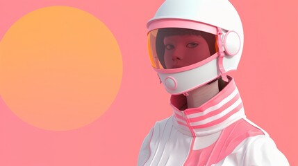  A woman in white-pink helmet and striped shirt, under a sun in background