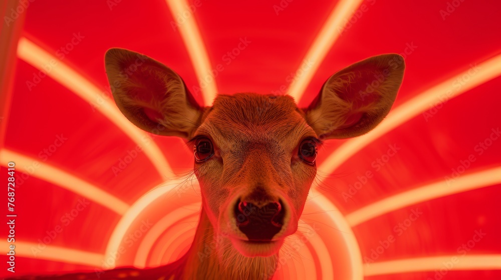 Poster close-up portrait of a deer on a red and white background with a round source of light