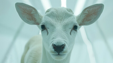  A focused image of a pure white goat staring straight into the lens, surrounded by a softly blurred backdrop of white drapes