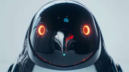  A close-up of a penguin with glowing eyes, set against a black background, and the white background is visible