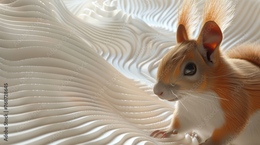 Poster a brown and white squirrel perched on top of white bedding with wavy patterns in its background