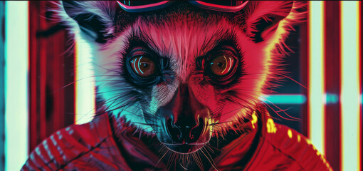  A close-up photo of a raccoon in a red jacket and goggles against a neon light backdrop