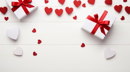 Valentine's day background. White gift boxes with red ribbons and hearts on white background