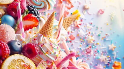  A colorful display of ice cream, fruit, and lollipops with sprinkles